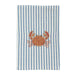 A square kitchen towel with vertical light blue and white stripes, featuring an embroidered orange and red crab in the center, shown flat against a white background.