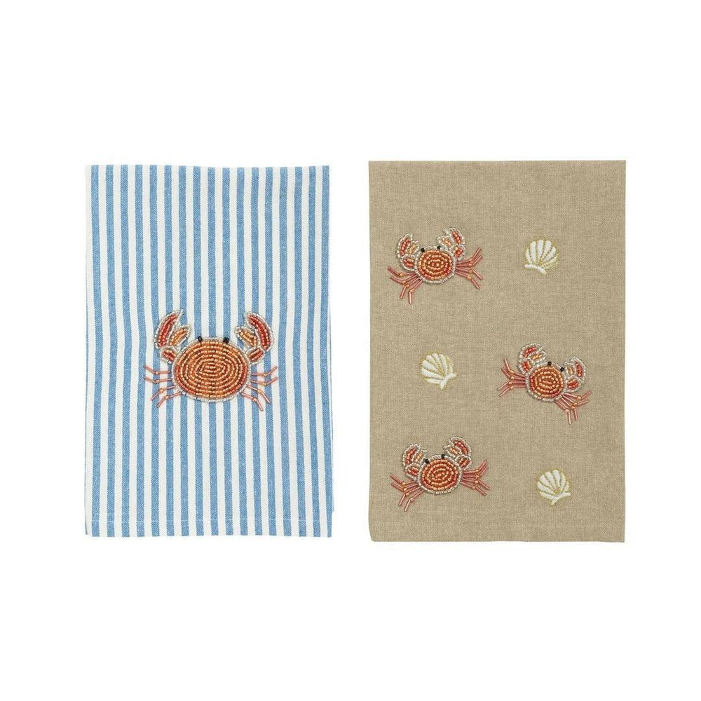 Two square kitchen towels shown side by side on a white background. The left towel has vertical blue and white stripes with an orange crab motif.