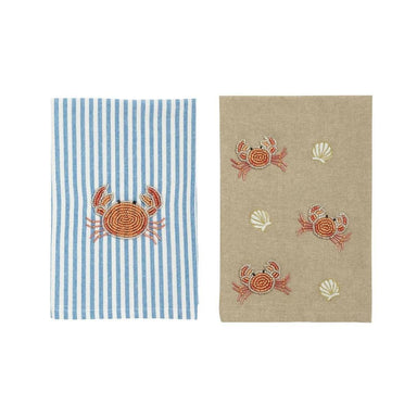 Two square kitchen towels shown side by side on a white background. The left towel has vertical blue and white stripes with an orange crab motif.