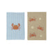 Two square kitchen towels shown side by side on a white background. The left towel has vertical blue and white stripes with an orange crab motif.