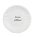 Round white plate with 'Little nibbles' text on a white background
