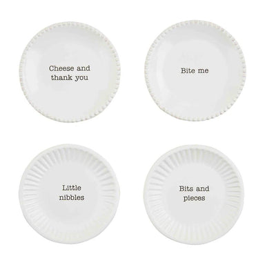 Four white plates with humorous text on a white background