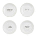 Four white plates with humorous text on a white background