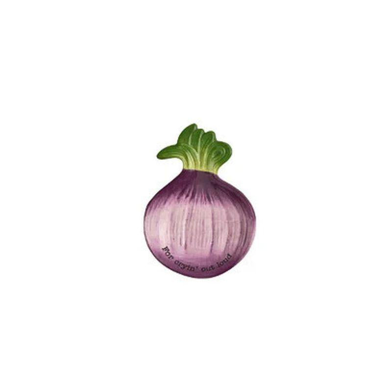 Purple onion-shaped dish with green top on a white background