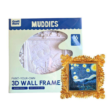 Muddies paint-your-own 3D wall frame kit with packaging and sample frame.
