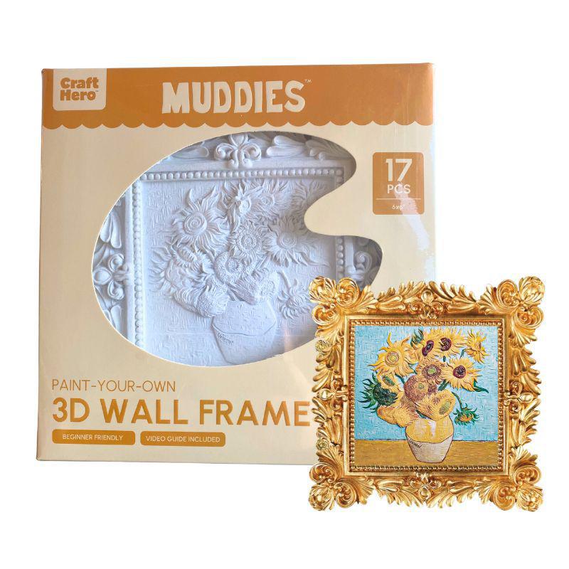Muddies paint-your-own 3D wall frame kit with a gold-framed artwork of Van Gogh's 'Sunflowers'.