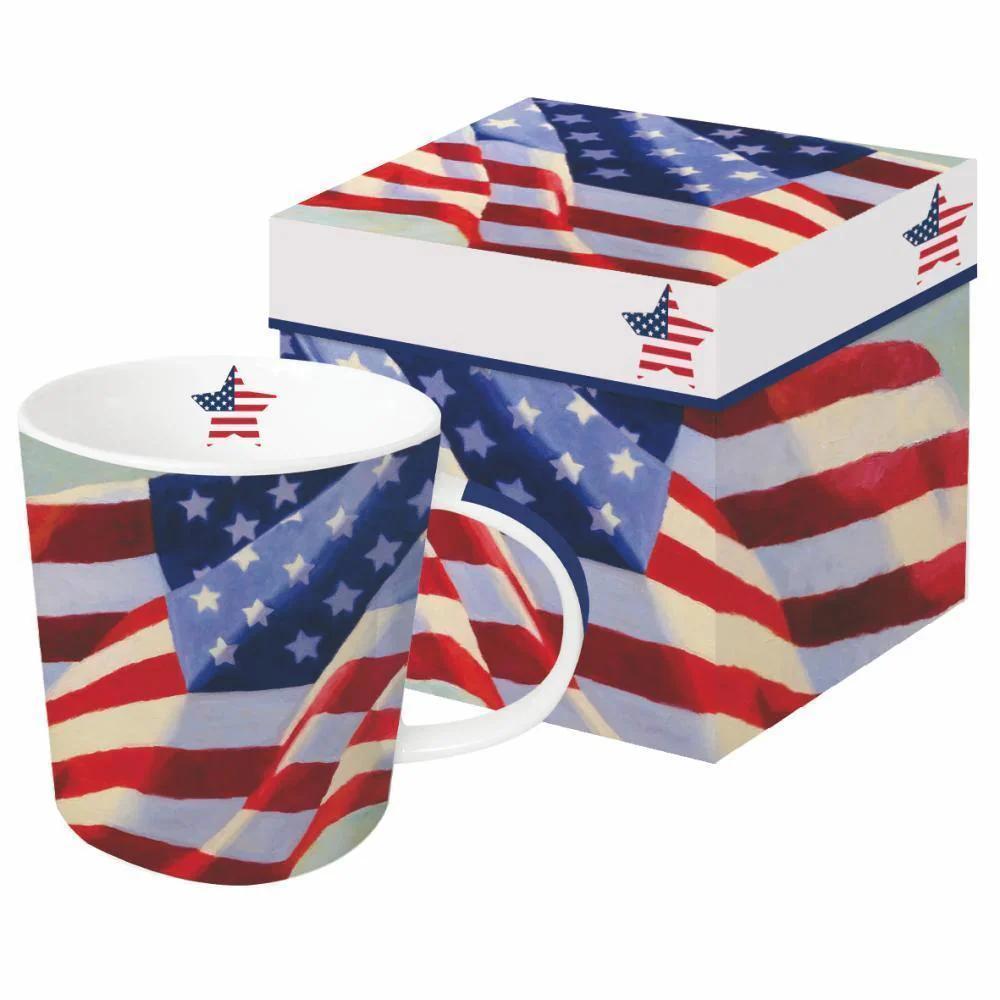 Mug and box with American flag design on a white background