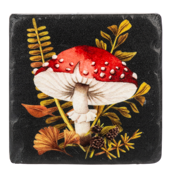 Decorative coaster with red and white mushroom design on a black background