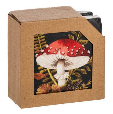 Cardboard box with a mushroom design on a white background