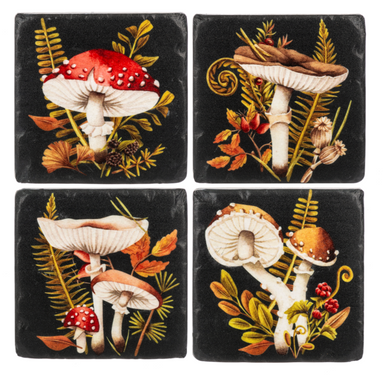 Four square coasters with mushroom and leaf designs on a black background