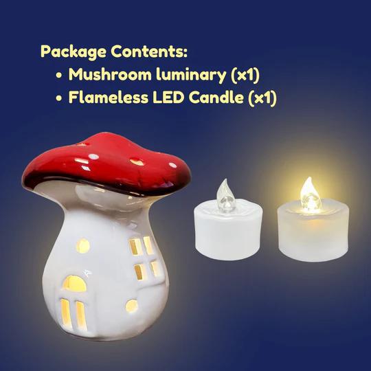 Mushroom-shaped luminary with two flameless LED candles on a dark blue background