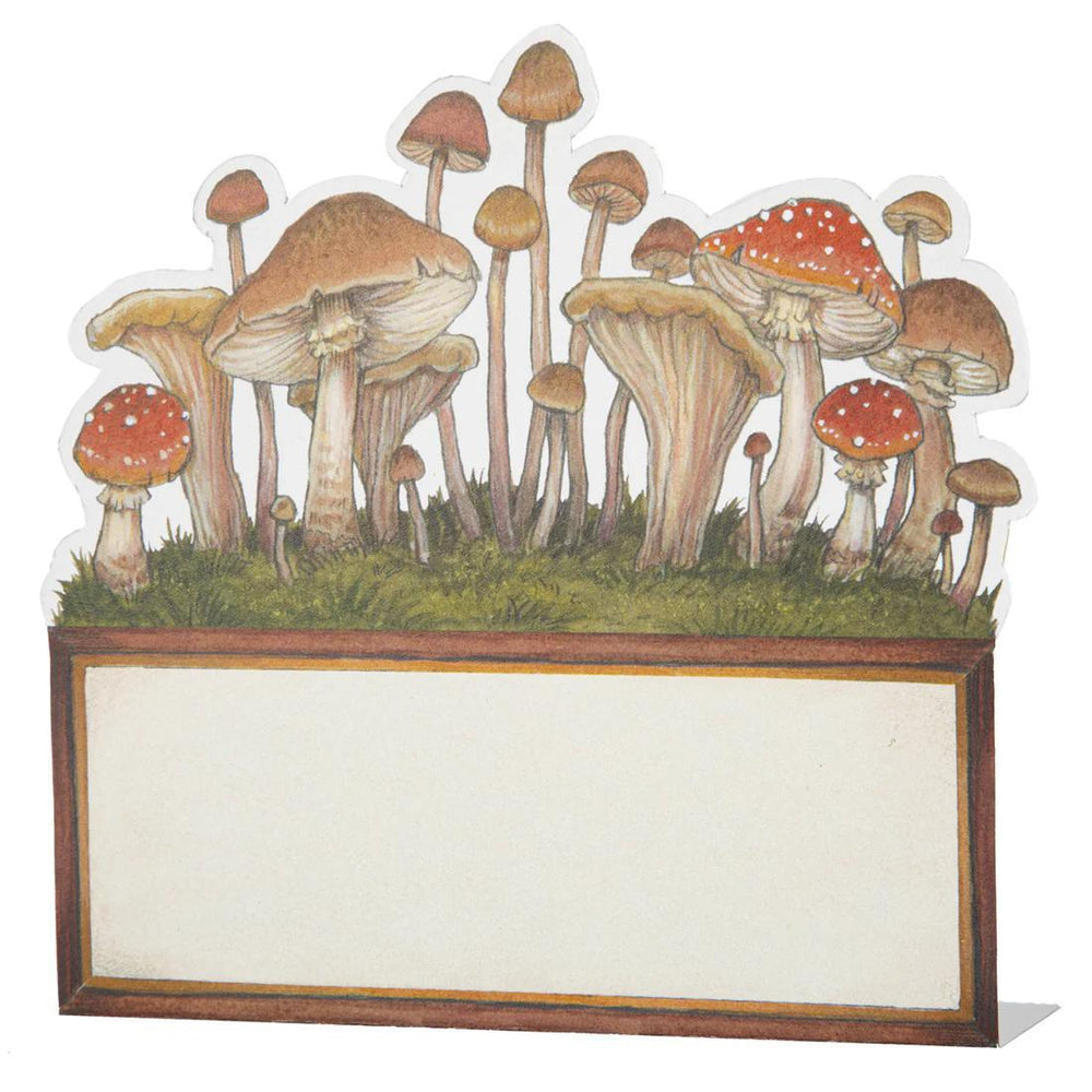 Decorative sign with illustrated mushrooms and a blank space for text on a white background