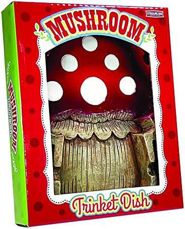 Mushroom-shaped trinket dish packaging with red and green design