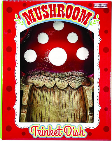 Mushroom-shaped trinket dish with red cap and white spots on a red background
