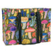 Tote bag with colorful mushroom pattern on a green background