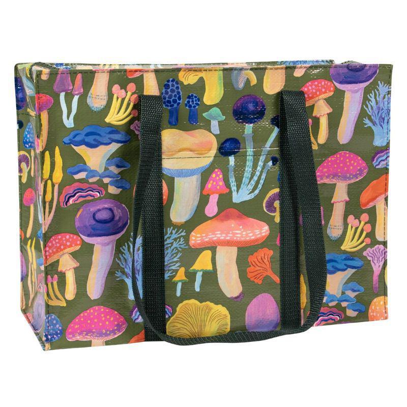 Tote bag with colorful mushroom pattern on a green background