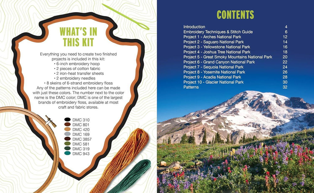 Brochure with embroidery kit information and mountain and flower landscape