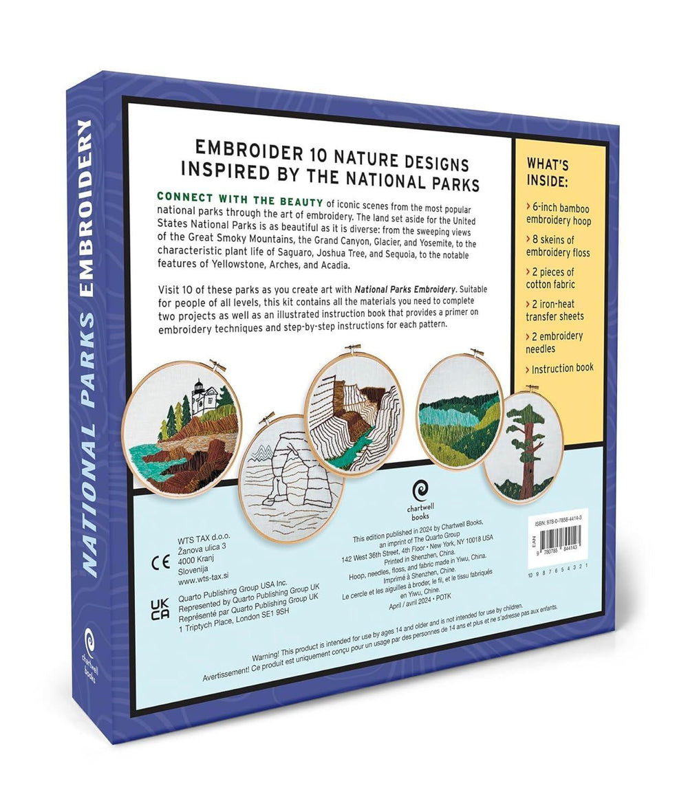 Box of National Parks Embroidery kit with nature-themed designs and text.