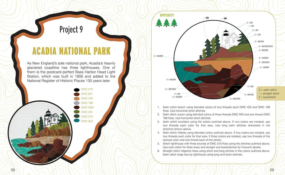 Page from a book about Acadia National Park with illustrations and text.