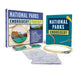 National Parks Embroidery kit with books, hoop, and patterns on a white background