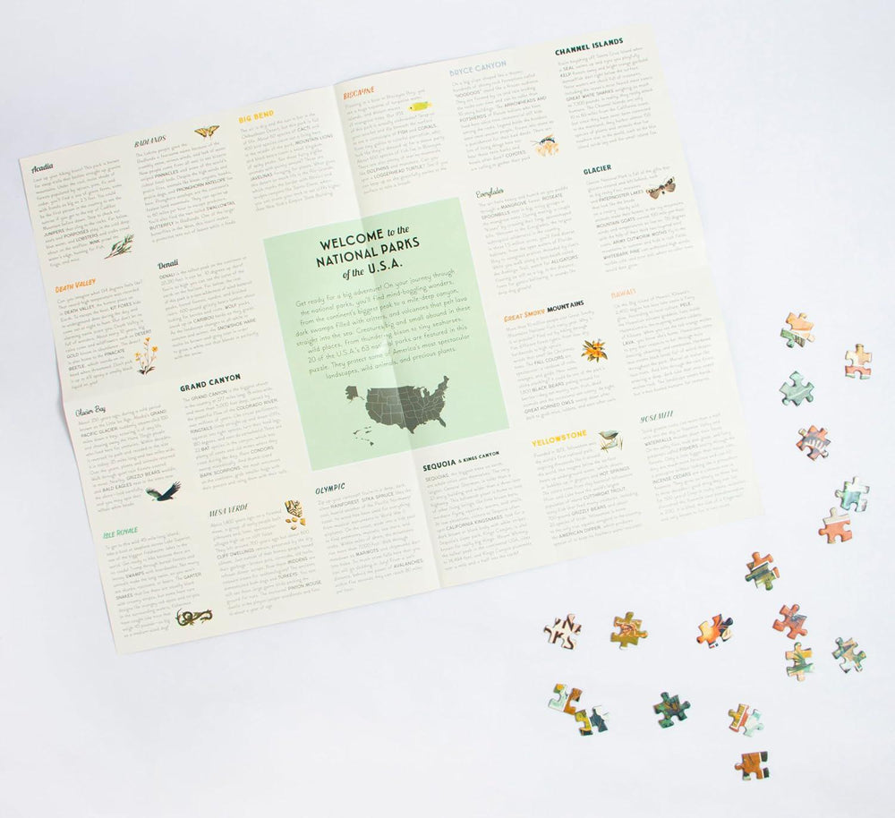 Puzzle pieces and instruction sheet on a white background