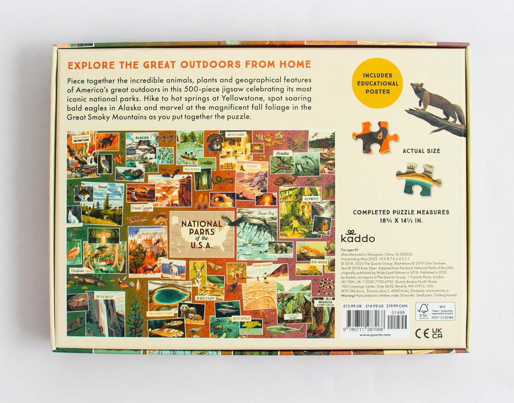 Back of a puzzle box featuring images of national parks and educational text.