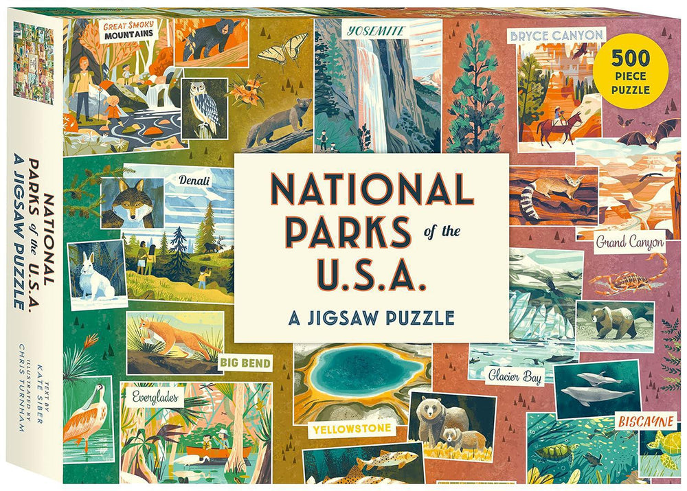 Jigsaw puzzle box featuring national parks of the USA with colorful illustrations.
