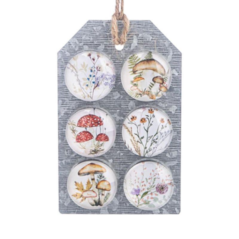 Set of six decorative buttons with nature-themed designs on a gray card.