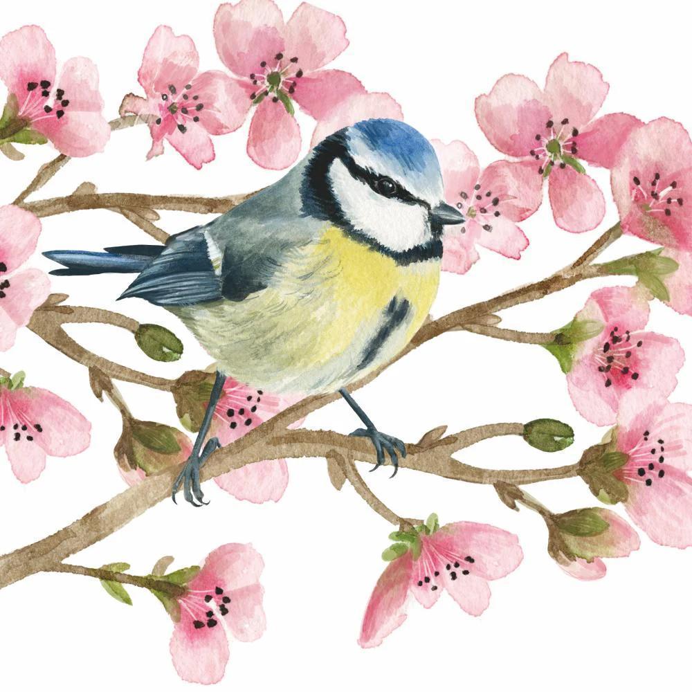 Bird perched on a branch with pink flowers