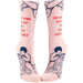 Pink socks with graphic designs and text on a white background