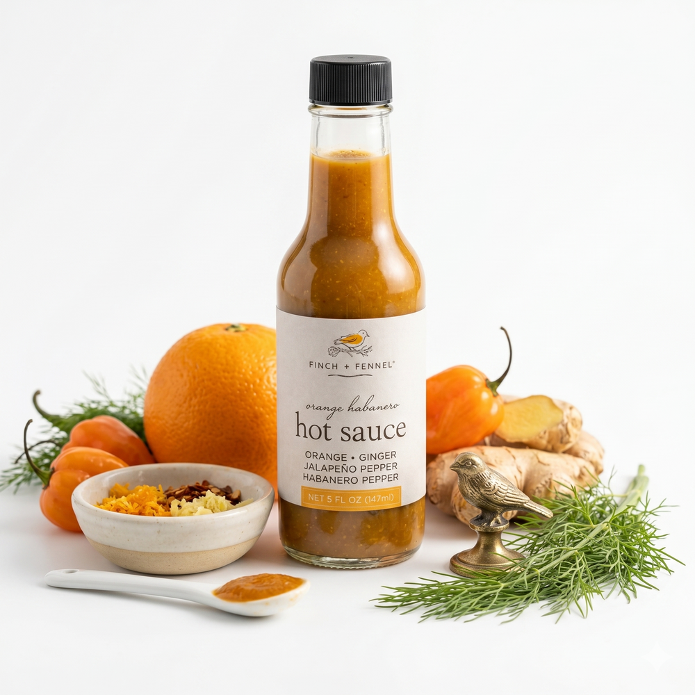 Bottle of hot sauce with ingredients on a white background