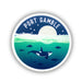 A circular sticker featuring an illustrated underwater scene with an orca, fish, a white moon, and the text 'PORT GAMBLE' at the top, shown on a white background.