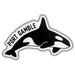 A die-cut sticker featuring a black and white orca illustration with the text 'PORT GAMBLE' in black lettering along the top curve, shown on a plain white background.
