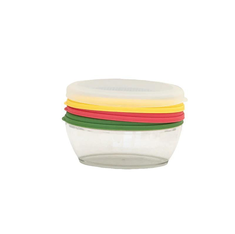 Clear container with colorful silicone lids on a white background