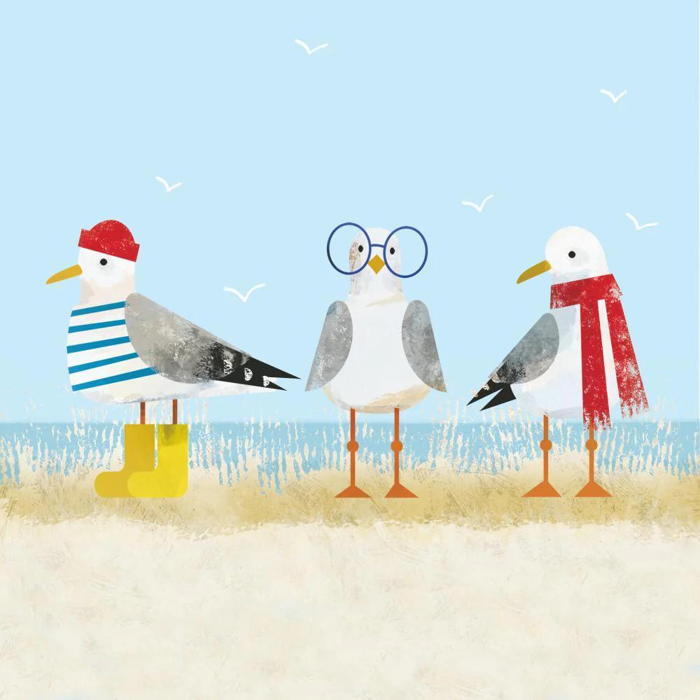 Three cartoon seagulls on a beach with a blue sky background