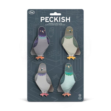 Packaging of Peckish magnetic bag clips with illustrations of pigeons on a dark blue background.