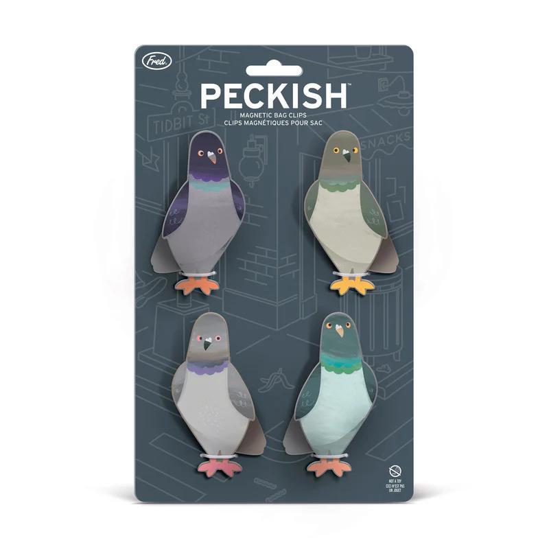 Packaging of Peckish magnetic bag clips with illustrations of pigeons on a dark blue background.