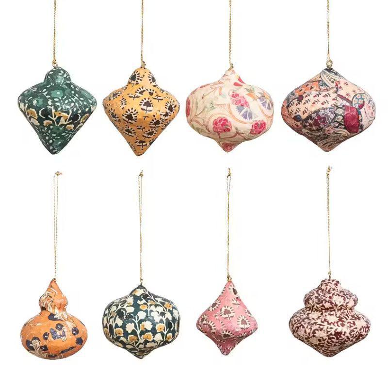 Paper Mache Block Printed Ornaments – 8 Assorted Styles