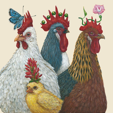 Illustration of chickens with floral crowns on a beige background