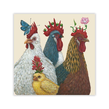 Illustration of three chickens and a chick with decorative crowns and accessories on a beige background