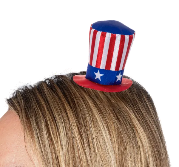 Red, white, and blue top hat on a person's head against a white background