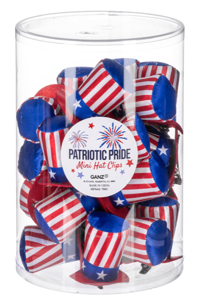 Patriotic mini hot chips in a clear cylindrical container with 'Patriotic Pride' label.