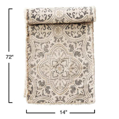 Patterned table runner with measurements on a white background
