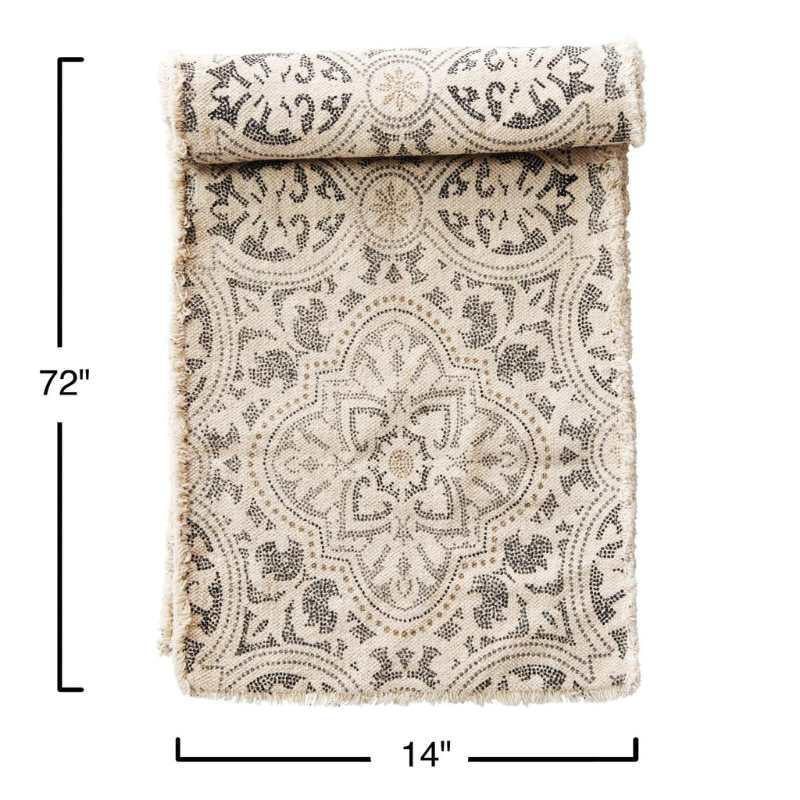 Patterned table runner with measurements on a white background