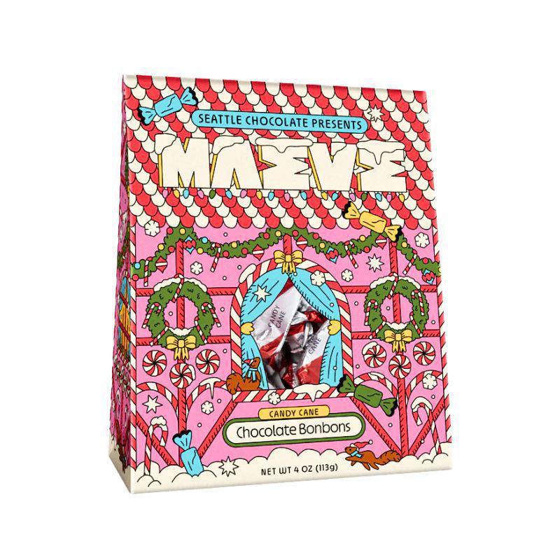 Colorful packaging of Seattle Chocolate's Méaève Candy Cane Chocolate Bonbons on a white background.