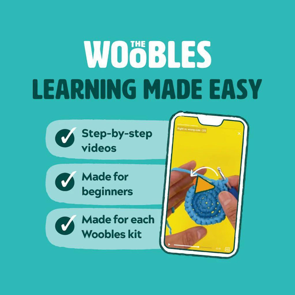 Advertisement for 'The Woobles' with a phone displaying a tutorial on a teal background.