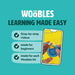 Advertisement for 'The Woobles' with a phone displaying a tutorial on a teal background.