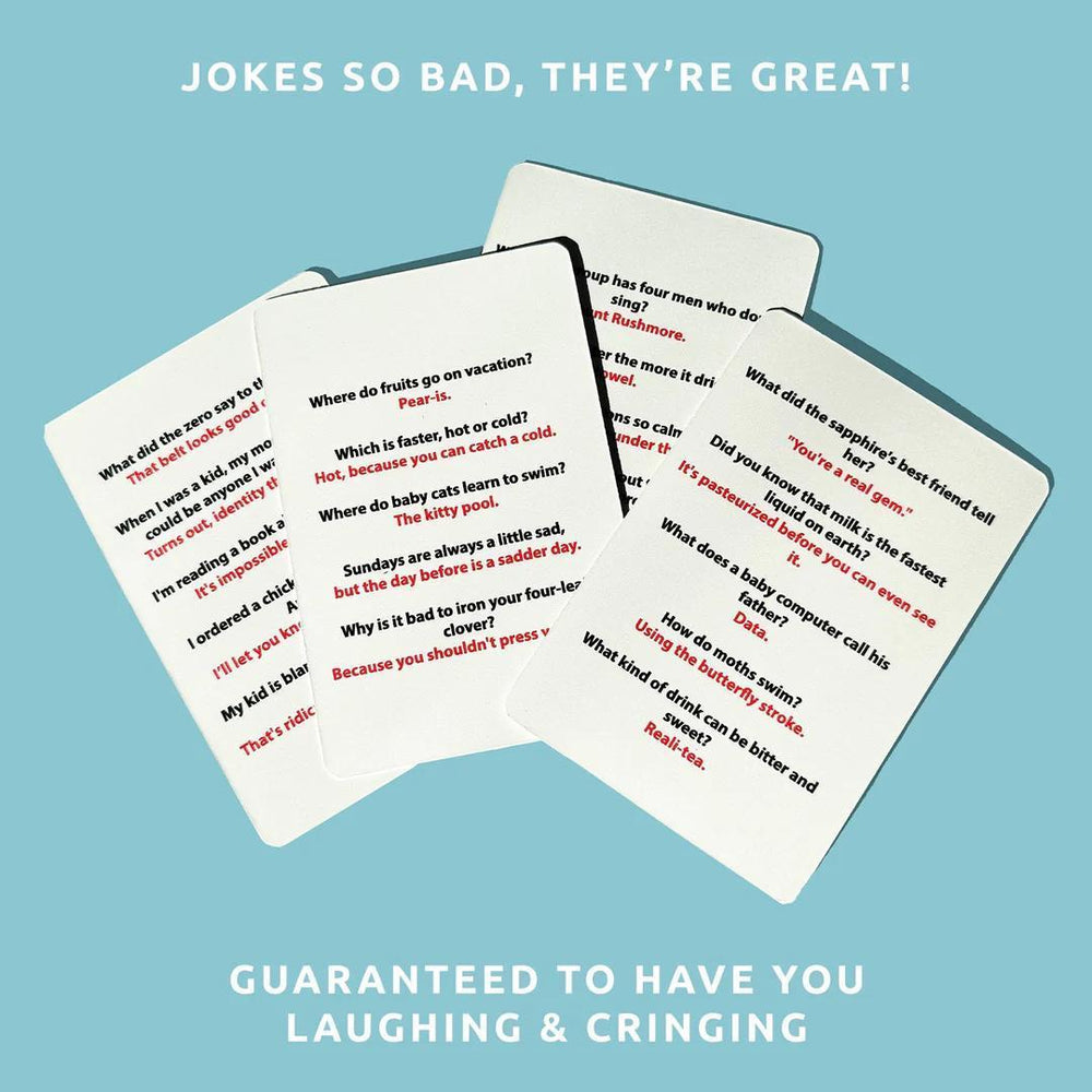 Open book with joke cards on a light blue background, text 'Jokes so bad, they're great! Guaranteed to have you laughing & cringing'.