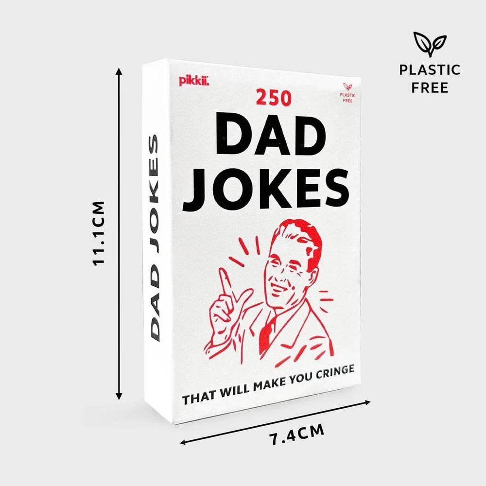 Box of '250 Dad Jokes' with dimensions and pikki branding on a white background