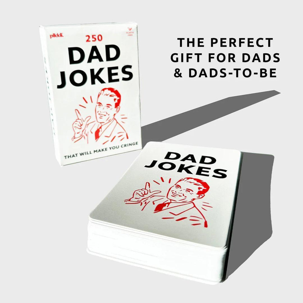 Card deck titled '250 Dad Jokes' with a man pointing illustration on a white background.